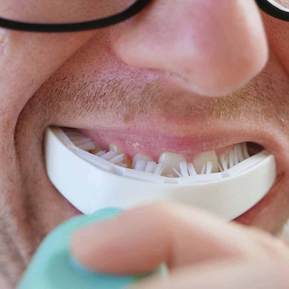 SymplBrush in mouth close up bristles