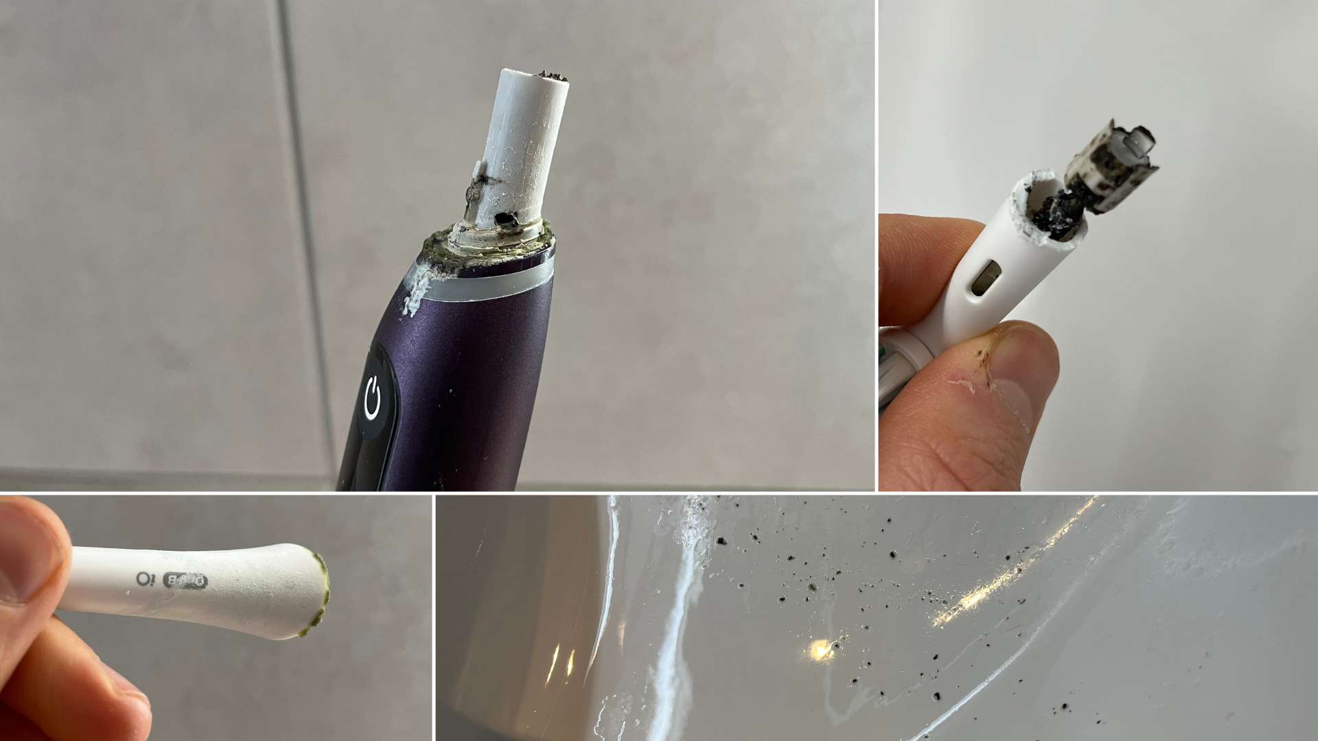 Various photos of brush heads with grime on them