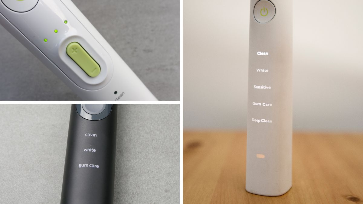 3 close up images of cleaning mode labels on various brush handles.
